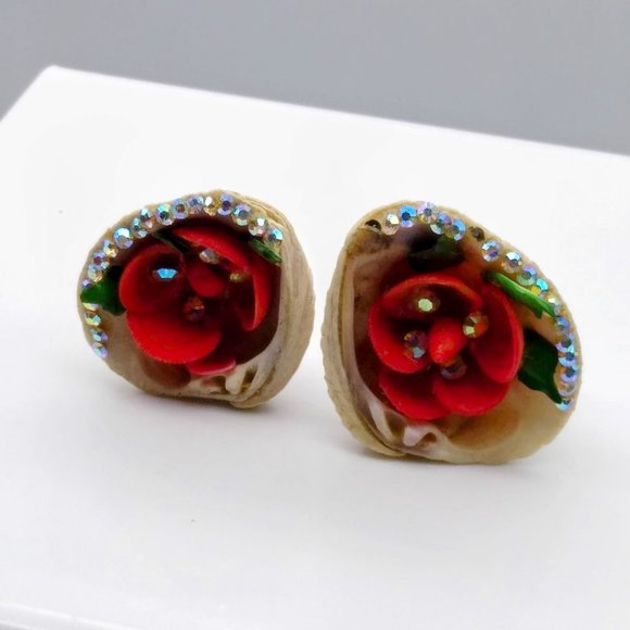 Vintage Genuine Seashell Earrings, Mid Century Romantic Rose and AB Crystal - Picture 4 of 5